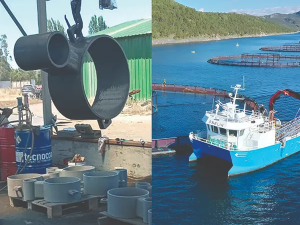 Proyectos Brackets metálicos para jaulas salmoneras revestidos con poliurea híbrida para protección anticorrosiva en inmersión marina y ambiente salino.