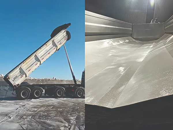 Proyectos Recubrimiento protector con poliurea de alta resistencia en tolvas de camiones para transporte de sal, previniendo corrosión y facilitando la descarga de material.