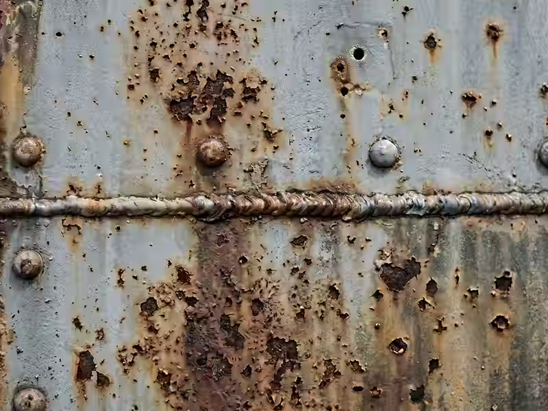 Mineria Corrosión química severa en superficie de acero industrial con picaduras profundas y óxido desprendido por contacto con soluciones agresivas.