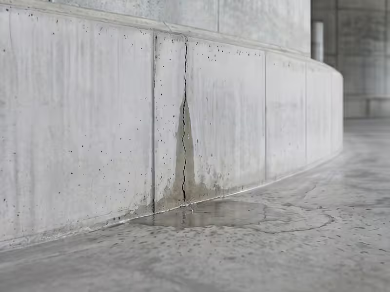 Mineria Filtración activa de agua en muro de hormigón con grieta estructural, evidenciando riesgo de contaminación ambiental y pérdida de estanqueidad.
