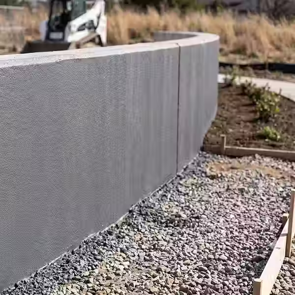 Construcción Vista en ángulo de un muro de contención de hormigón y pilares estructurales en un nivel subterráneo iluminado, mostrando superficies lisas y protegidas.